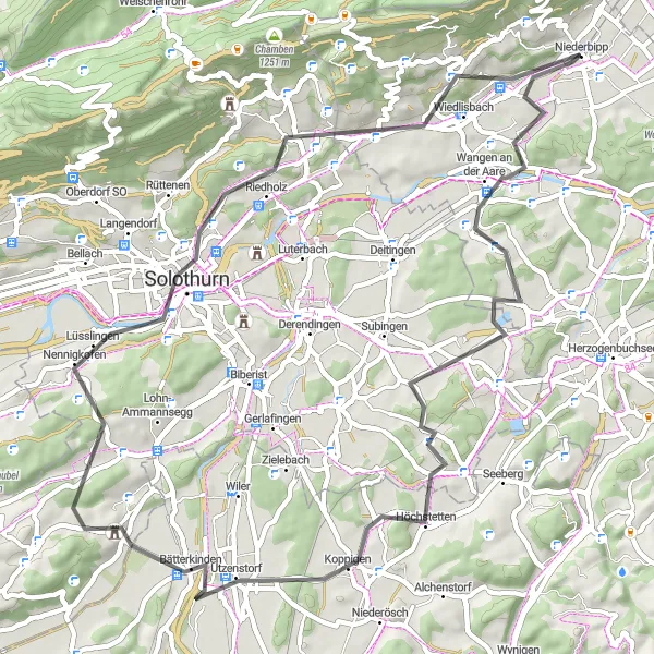 Miniatua del mapa de inspiración ciclista "Ruta Escénica a Solothurn y Wiedlisbach" en Espace Mittelland, Switzerland. Generado por Tarmacs.app planificador de rutas ciclistas