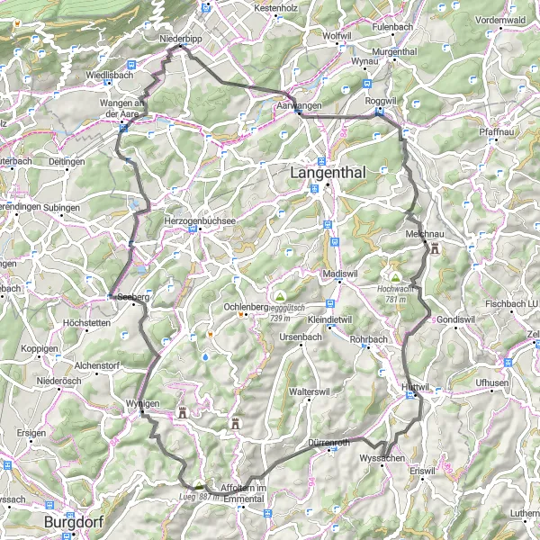 Zemljevid v pomanjšavi "Raznolika kolesarska pustolovščina v Espace Mittellandu" kolesarske inspiracije v Espace Mittelland, Switzerland. Generirano z načrtovalcem kolesarskih poti Tarmacs.app