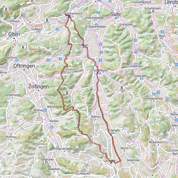 Karten-Miniaturansicht der Radinspiration "Gravel-Tour Kölliken - Safenwil - Gretzenbach" in Espace Mittelland, Switzerland. Erstellt vom Tarmacs.app-Routenplaner für Radtouren