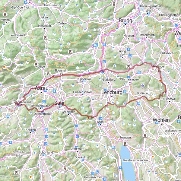 Karttaminiaatyyri "Maastopyöräreitti Aargau-joen varrella" pyöräilyinspiraatiosta alueella Espace Mittelland, Switzerland. Luotu Tarmacs.app pyöräilyreittisuunnittelijalla