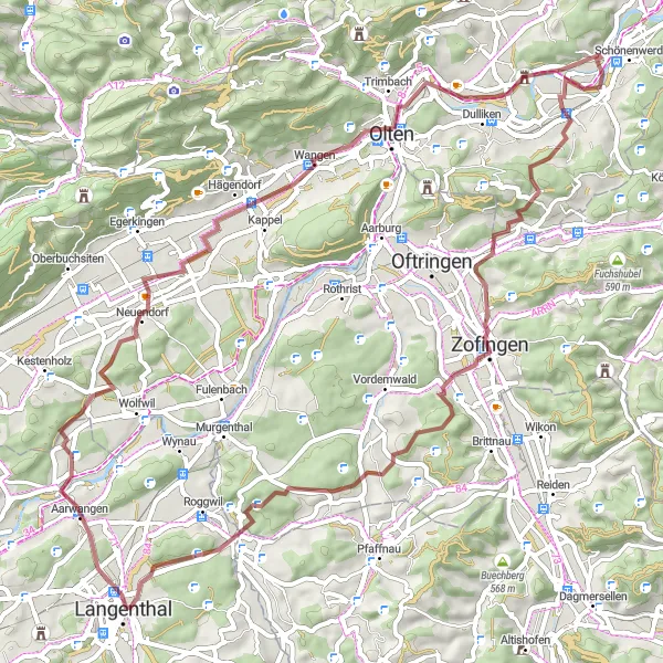 Mapa miniatúra "Gravel Tour de Aare Valley" cyklistická inšpirácia v Espace Mittelland, Switzerland. Vygenerované cyklistickým plánovačom trás Tarmacs.app