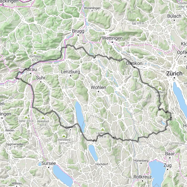 Map miniature of "Discover Aargau's Road Treasures" cycling inspiration in Espace Mittelland, Switzerland. Generated by Tarmacs.app cycling route planner