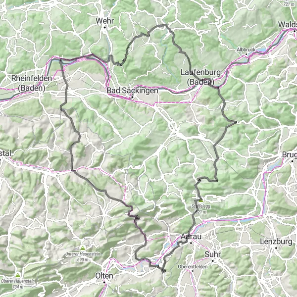 Karten-Miniaturansicht der Radinspiration "Road-Tour zum Sonnenberg und Laufenburg" in Espace Mittelland, Switzerland. Erstellt vom Tarmacs.app-Routenplaner für Radtouren