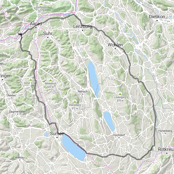 Map miniature of "Road Adventure through Espace Mittelland" cycling inspiration in Espace Mittelland, Switzerland. Generated by Tarmacs.app cycling route planner