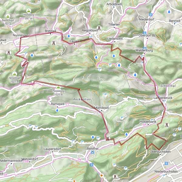 Kartminiatyr av "Bretzwil til Ruine Gilgenberg Grusvei Sykkeltur" sykkelinspirasjon i Espace Mittelland, Switzerland. Generert av Tarmacs.app sykkelrutoplanlegger