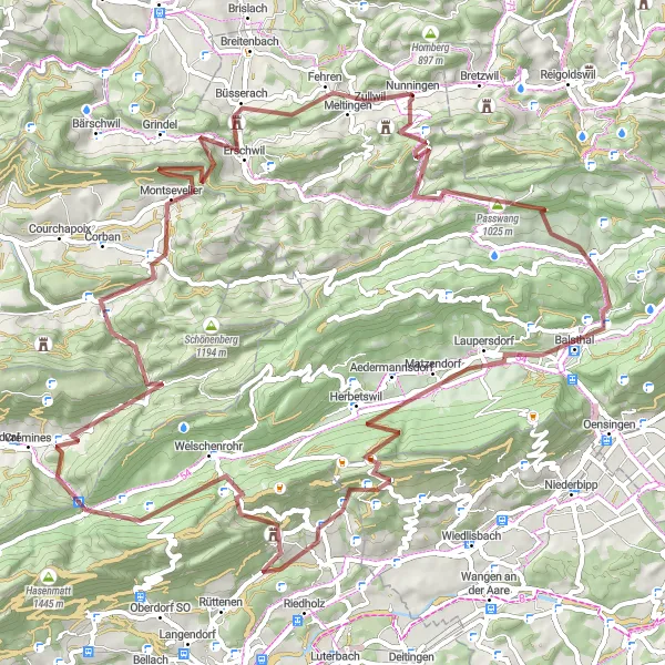 Miniatua del mapa de inspiración ciclista "Ruta de Grava alrededor de Nunningen" en Espace Mittelland, Switzerland. Generado por Tarmacs.app planificador de rutas ciclistas