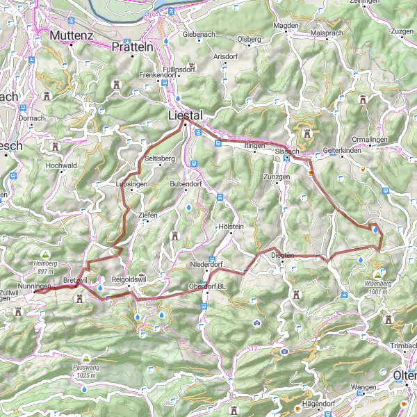 Miniatura della mappa di ispirazione al ciclismo "Tour in bicicletta tra Sissach e Riedbergchopf" nella regione di Espace Mittelland, Switzerland. Generata da Tarmacs.app, pianificatore di rotte ciclistiche