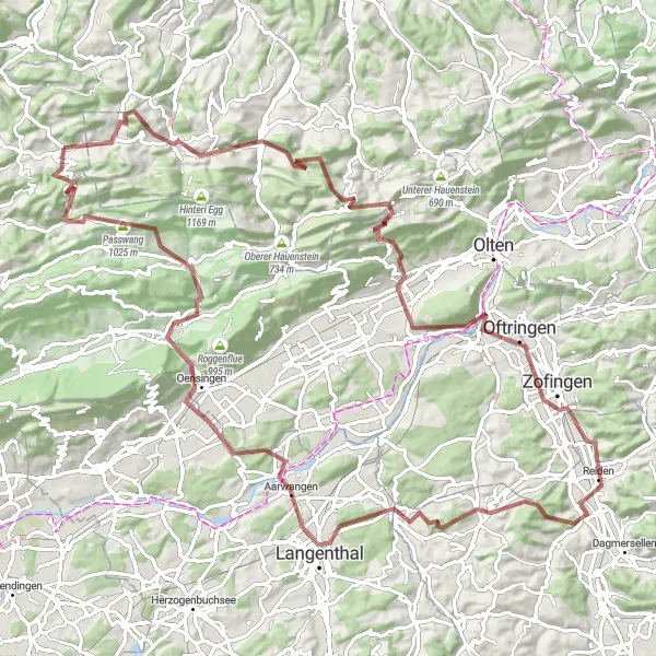 Zemljevid v pomanjšavi "Podvig med mesti in gorami" kolesarske inspiracije v Espace Mittelland, Switzerland. Generirano z načrtovalcem kolesarskih poti Tarmacs.app