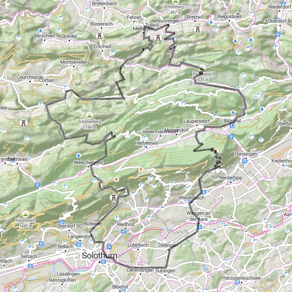 Miniatua del mapa de inspiración ciclista "Recorrido por caminos de carretera desde Nunningen" en Espace Mittelland, Switzerland. Generado por Tarmacs.app planificador de rutas ciclistas