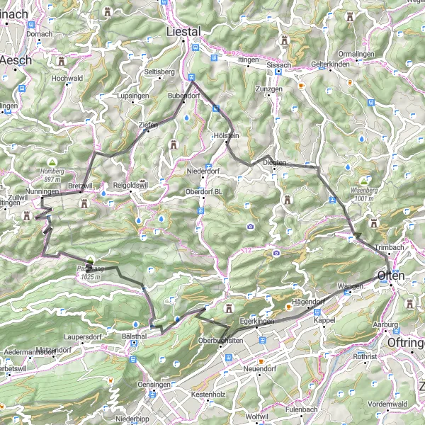 Miniatua del mapa de inspiración ciclista "Ruta de 76 km con encanto desde Nunningen" en Espace Mittelland, Switzerland. Generado por Tarmacs.app planificador de rutas ciclistas