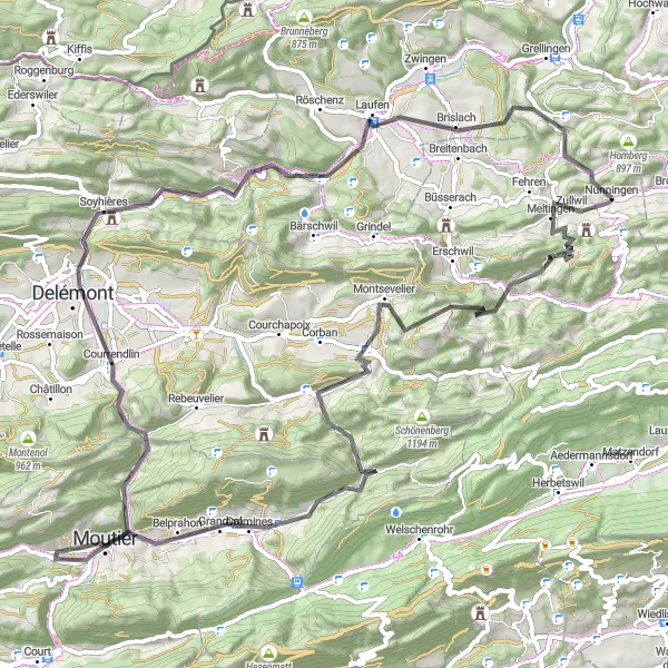 Miniatura della mappa di ispirazione al ciclismo "Giro in bicicletta verso Nunningen e dintorni" nella regione di Espace Mittelland, Switzerland. Generata da Tarmacs.app, pianificatore di rotte ciclistiche
