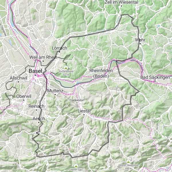 Mapa miniatúra "Trasa okolo Nunningen (Espace Mittelland, Švajčiarsko)" cyklistická inšpirácia v Espace Mittelland, Switzerland. Vygenerované cyklistickým plánovačom trás Tarmacs.app