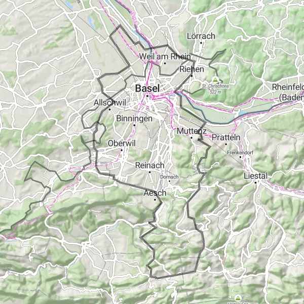 Miniatua del mapa de inspiración ciclista "Ruta escénica de 86 km desde Nunningen" en Espace Mittelland, Switzerland. Generado por Tarmacs.app planificador de rutas ciclistas