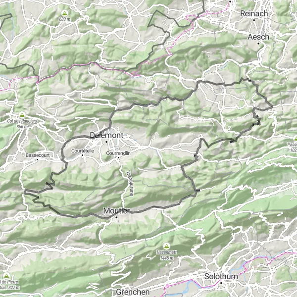 Miniatua del mapa de inspiración ciclista "Ruta de Ciclismo de Carretera Nunningen-Zullwil-Geissflue-Mervelier-La Hauteur-Perrefitte-Les Bâmattes-Develier-Landsberg-Laufen-Himmelried-Chilchberg" en Espace Mittelland, Switzerland. Generado por Tarmacs.app planificador de rutas ciclistas
