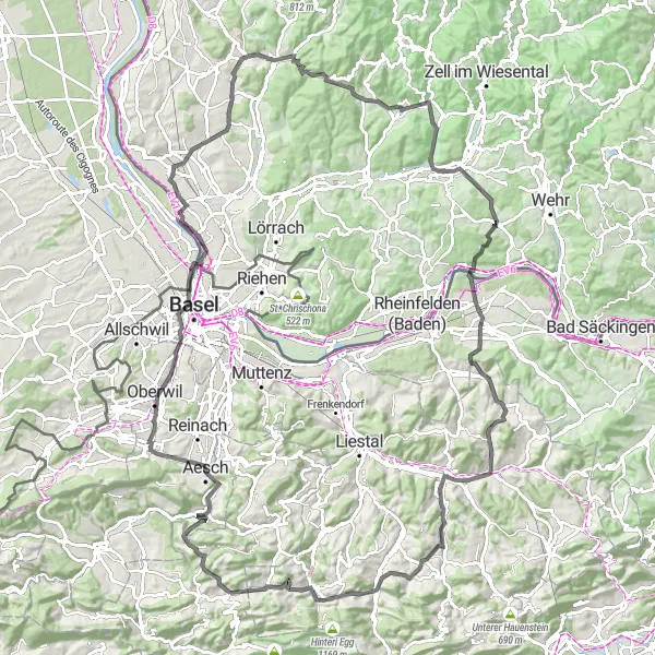 Miniatua del mapa de inspiración ciclista "Ruta de Ciclismo de Carretera Nunningen-Chilchberg-Duggingen-Binningen-Foto-Spot Dreiländereck-Läufelberg-Kandern-Wieslet-Ob der Altstadt-Möhlin-Aussichtsturm Sonnenberg-Dielenberg-Oberdorf BL-Balsberg-Bretzwil" en Espace Mittelland, Switzerland. Generado por Tarmacs.app planificador de rutas ciclistas