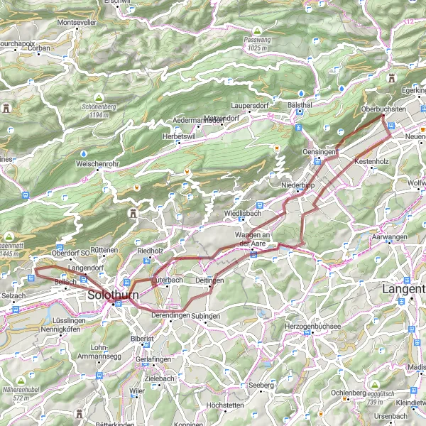 Miniatura della mappa di ispirazione al ciclismo "Esplorazione in bicicletta gravel da Chöpfli a Niederbuchsiten" nella regione di Espace Mittelland, Switzerland. Generata da Tarmacs.app, pianificatore di rotte ciclistiche