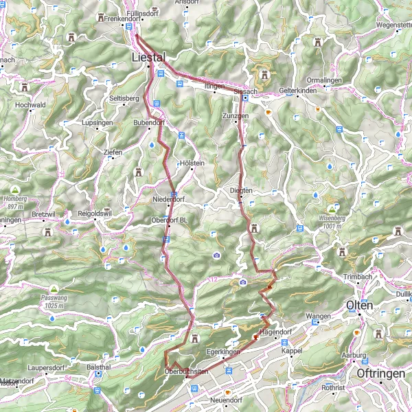 Karten-Miniaturansicht der Radinspiration "Graveltour durch Liestal und Hägendorf" in Espace Mittelland, Switzerland. Erstellt vom Tarmacs.app-Routenplaner für Radtouren