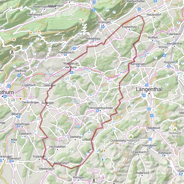 Map miniature of "Mesmerizing Gravel Loop near Oberbuchsiten" cycling inspiration in Espace Mittelland, Switzerland. Generated by Tarmacs.app cycling route planner