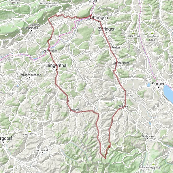 Miniatua del mapa de inspiración ciclista "Ruta de Grava a Langenthal" en Espace Mittelland, Switzerland. Generado por Tarmacs.app planificador de rutas ciclistas