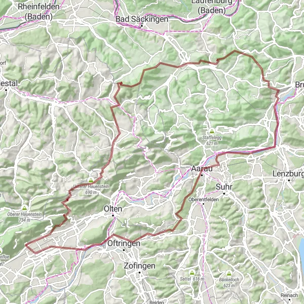 Miniatua del mapa de inspiración ciclista "Aventura en grava desde Oberbuchsiten" en Espace Mittelland, Switzerland. Generado por Tarmacs.app planificador de rutas ciclistas