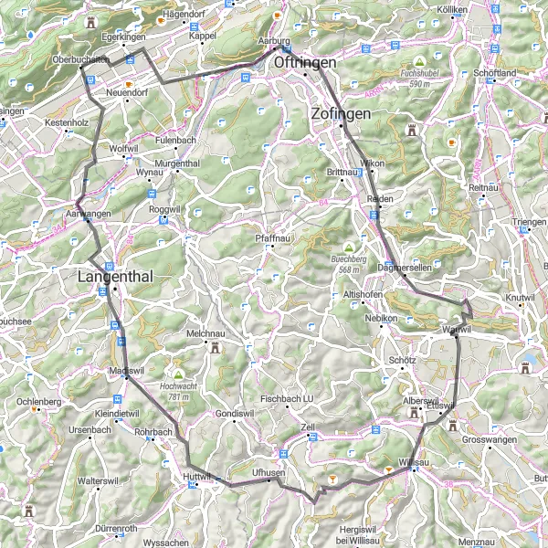Miniaturekort af cykelinspirationen "Historisk Landevejstur" i Espace Mittelland, Switzerland. Genereret af Tarmacs.app cykelruteplanlægger