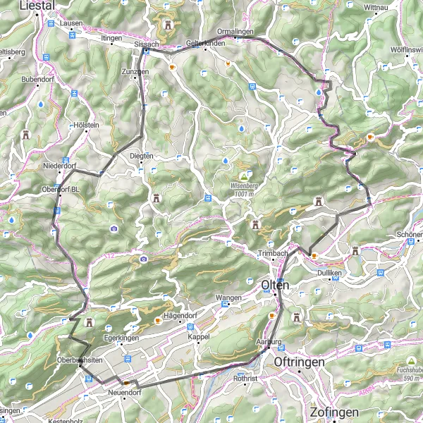 Mapa miniatúra "Cestní cyklistická trasa s výstupem na 1228 metrů a délkou 72 km" cyklistická inšpirácia v Espace Mittelland, Switzerland. Vygenerované cyklistickým plánovačom trás Tarmacs.app