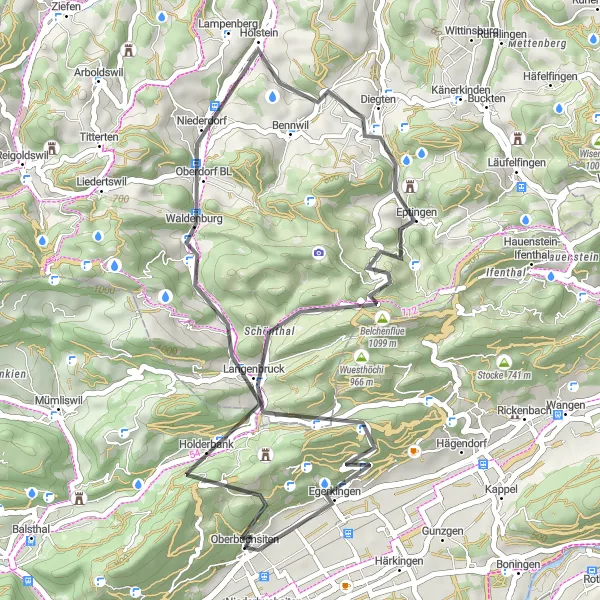 Map miniature of "The Hills of Oberbuchsiten" cycling inspiration in Espace Mittelland, Switzerland. Generated by Tarmacs.app cycling route planner