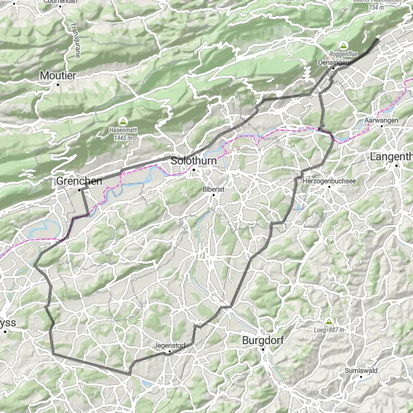 Miniaturekort af cykelinspirationen "Solkongens rute" i Espace Mittelland, Switzerland. Genereret af Tarmacs.app cykelruteplanlægger