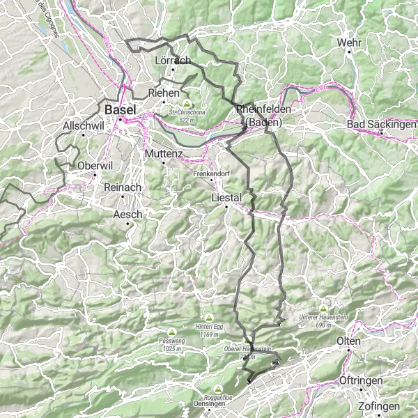 Map miniature of "The Ultimate Climbing Challenge: Rheinfelden to Oberbuchsiten" cycling inspiration in Espace Mittelland, Switzerland. Generated by Tarmacs.app cycling route planner