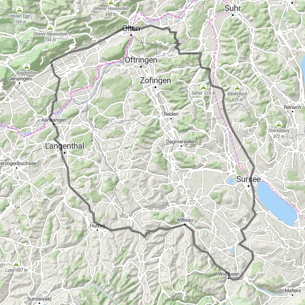 Mapa miniatúra "Trasa cez pôvabné miesta stredného Švajčiarska" cyklistická inšpirácia v Espace Mittelland, Switzerland. Vygenerované cyklistickým plánovačom trás Tarmacs.app