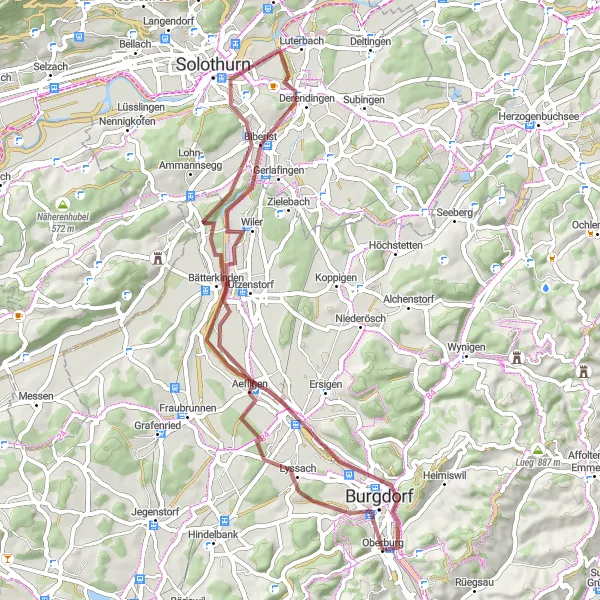 Miniatura della mappa di ispirazione al ciclismo "Il Giro delle Colline di Solothurn" nella regione di Espace Mittelland, Switzerland. Generata da Tarmacs.app, pianificatore di rotte ciclistiche