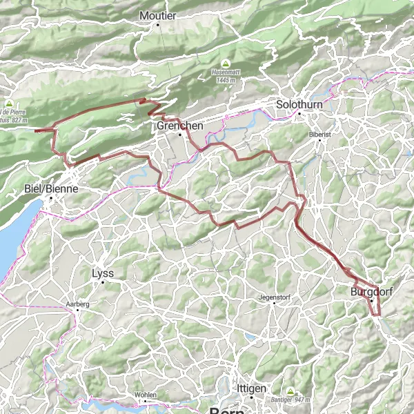 Miniatura della mappa di ispirazione al ciclismo "Giro in Gravel tra Dritte Flue e Rothöhe" nella regione di Espace Mittelland, Switzerland. Generata da Tarmacs.app, pianificatore di rotte ciclistiche