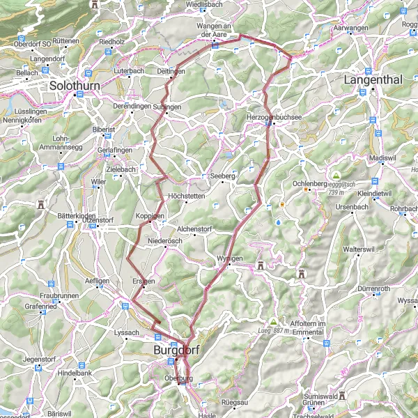 Miniatura della mappa di ispirazione al ciclismo "Il Giro della Valle dell'Aare" nella regione di Espace Mittelland, Switzerland. Generata da Tarmacs.app, pianificatore di rotte ciclistiche