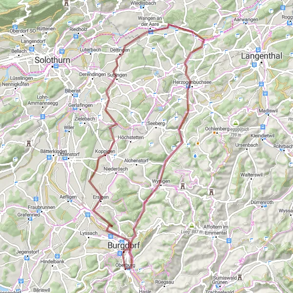 Kartminiatyr av "Graveläventyr till Burgdorf via Kriegstetten och Wynigen" cykelinspiration i Espace Mittelland, Switzerland. Genererad av Tarmacs.app cykelruttplanerare