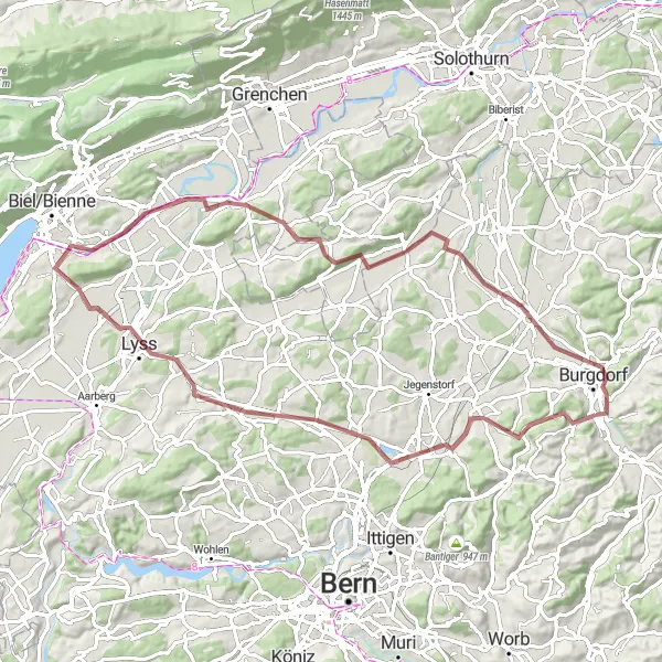 Miniatua del mapa de inspiración ciclista "Exploración de Kirchberg y Lyss" en Espace Mittelland, Switzerland. Generado por Tarmacs.app planificador de rutas ciclistas