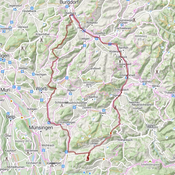Miniatua del mapa de inspiración ciclista "Ruta de Oberburg a Oberburg" en Espace Mittelland, Switzerland. Generado por Tarmacs.app planificador de rutas ciclistas