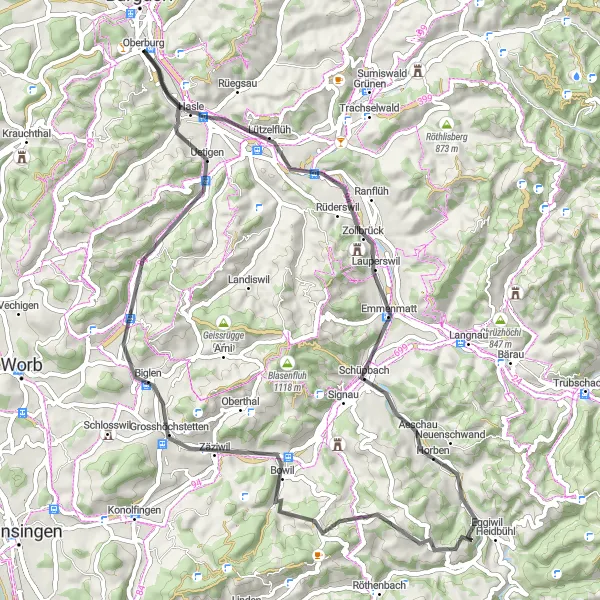 Mapa miniatúra "Cyklistický okruh cez Rüderswil a Aussichtsturm Chuderhüsi" cyklistická inšpirácia v Espace Mittelland, Switzerland. Vygenerované cyklistickým plánovačom trás Tarmacs.app