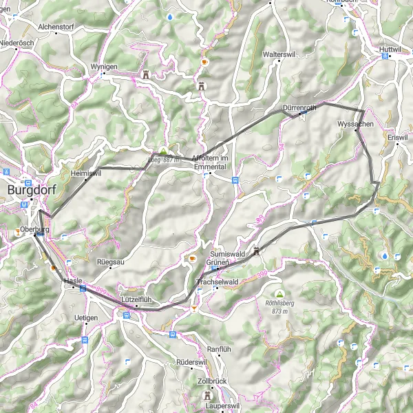 Miniatura della mappa di ispirazione al ciclismo "Il Giro dei Paesaggi Emmental" nella regione di Espace Mittelland, Switzerland. Generata da Tarmacs.app, pianificatore di rotte ciclistiche
