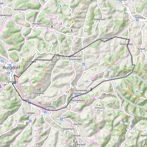 Karttaminiaatyyri "Kulttuuri- ja Maisemamatka Oberburgista" pyöräilyinspiraatiosta alueella Espace Mittelland, Switzerland. Luotu Tarmacs.app pyöräilyreittisuunnittelijalla