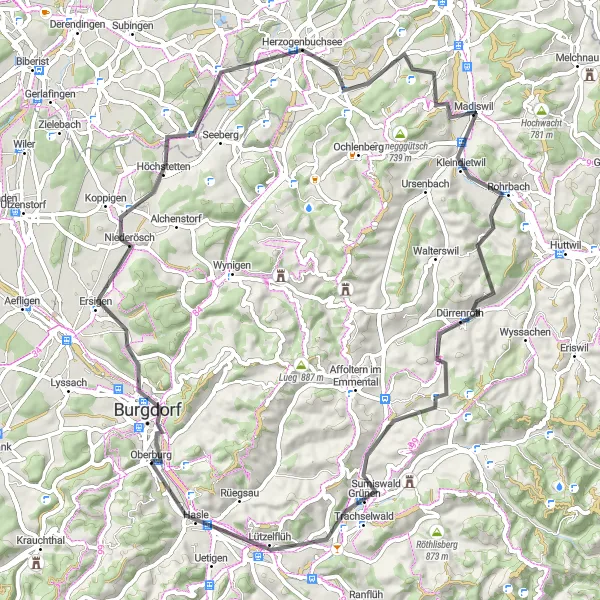 Miniatua del mapa de inspiración ciclista "Ruta de Ciclismo de Carretera a Herzogenbuchsee y Sumiswald" en Espace Mittelland, Switzerland. Generado por Tarmacs.app planificador de rutas ciclistas