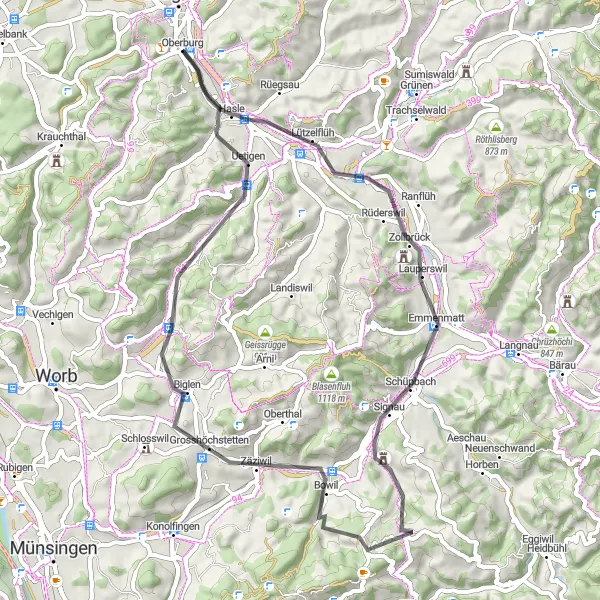 Zemljevid v pomanjšavi "Umetnost cestnega kolesarjenja v Švici" kolesarske inspiracije v Espace Mittelland, Switzerland. Generirano z načrtovalcem kolesarskih poti Tarmacs.app