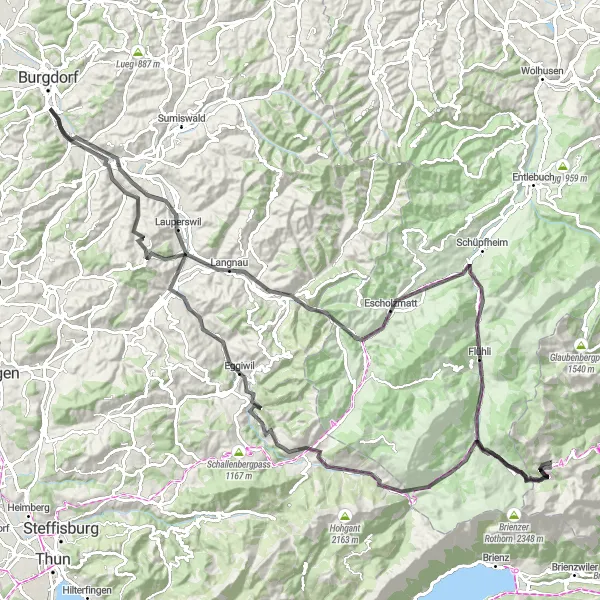 Zemljevid v pomanjšavi "Cestna avantura skozi prelepe kraje" kolesarske inspiracije v Espace Mittelland, Switzerland. Generirano z načrtovalcem kolesarskih poti Tarmacs.app