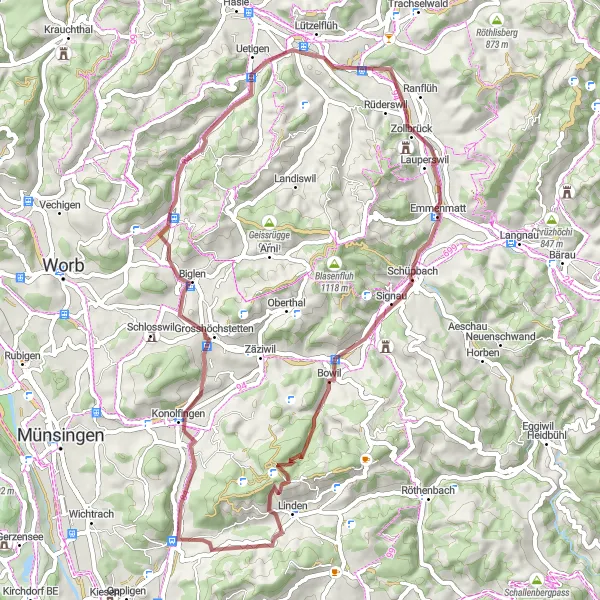 Map miniature of "Rüderswil Gravel Loop" cycling inspiration in Espace Mittelland, Switzerland. Generated by Tarmacs.app cycling route planner