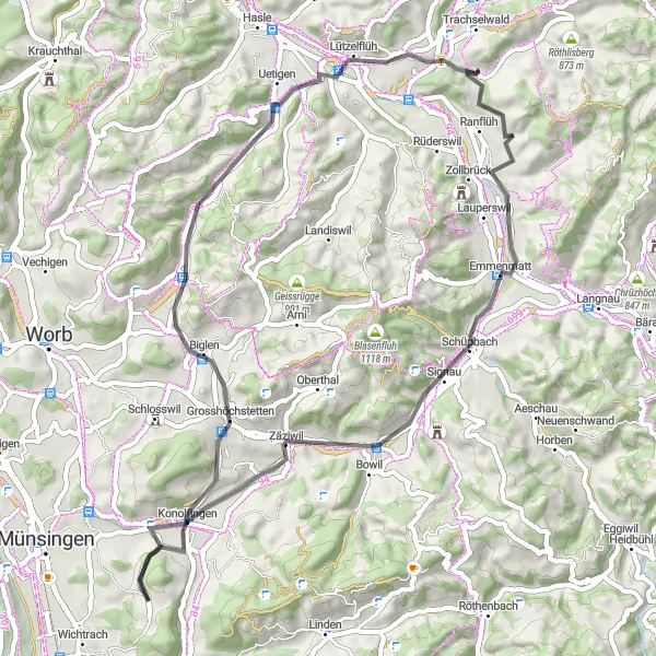Miniatura della mappa di ispirazione al ciclismo "Fascino di Konolfingen" nella regione di Espace Mittelland, Switzerland. Generata da Tarmacs.app, pianificatore di rotte ciclistiche