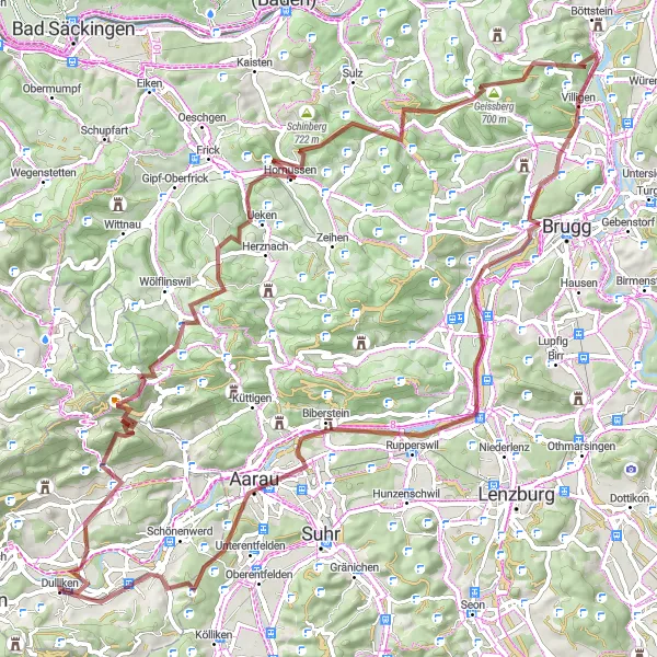 Miniaturekort af cykelinspirationen "Stüsslingen - Buchs Grusvejsudflugt" i Espace Mittelland, Switzerland. Genereret af Tarmacs.app cykelruteplanlægger