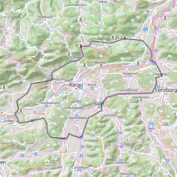 Miniaturní mapa "Výlet kolem Erlinsbachu AG" inspirace pro cyklisty v oblasti Espace Mittelland, Switzerland. Vytvořeno pomocí plánovače tras Tarmacs.app