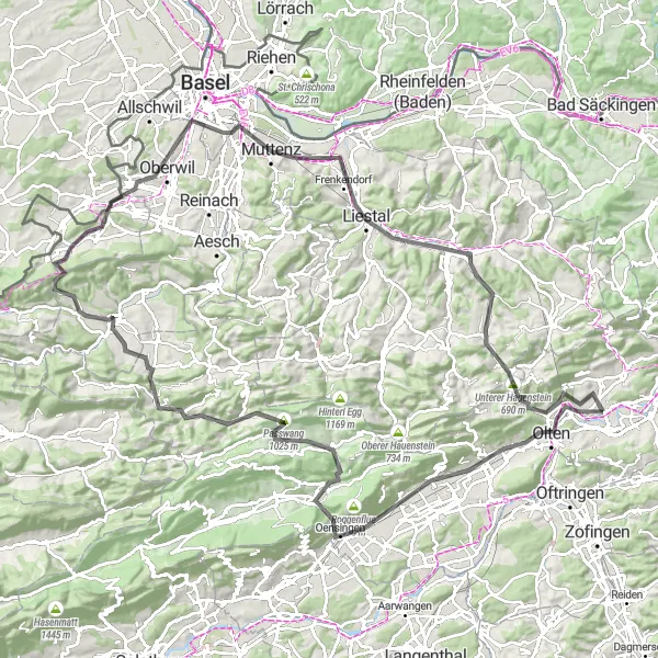 Miniaturekort af cykelinspirationen "Udfordrende Landevejscykling" i Espace Mittelland, Switzerland. Genereret af Tarmacs.app cykelruteplanlægger