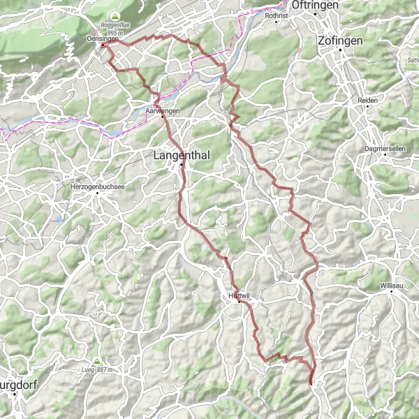 Map miniature of "Oensingen to Aarwangen Gravel Adventure" cycling inspiration in Espace Mittelland, Switzerland. Generated by Tarmacs.app cycling route planner