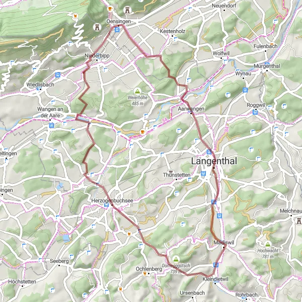 Miniatua del mapa de inspiración ciclista "Ruta Gravel de Oensingen a Lehnflue" en Espace Mittelland, Switzerland. Generado por Tarmacs.app planificador de rutas ciclistas