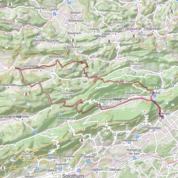 Miniature de la carte de l'inspiration cycliste "Les collines de Jura" dans la Espace Mittelland, Switzerland. Générée par le planificateur d'itinéraire cycliste Tarmacs.app